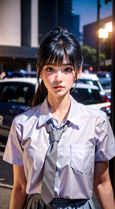 masterpiece, best quality, 8k, 85mm portrait, absurdres, beautiful girl, (night, upper body:1.5), cute, street, (school uniform,...