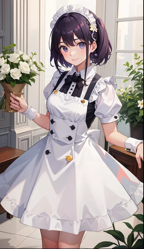 1girl in、A smile、A delightful!　The shirt、skirt by the、（small tits）pinafore、doress、hair adornments、Maids、White costume、