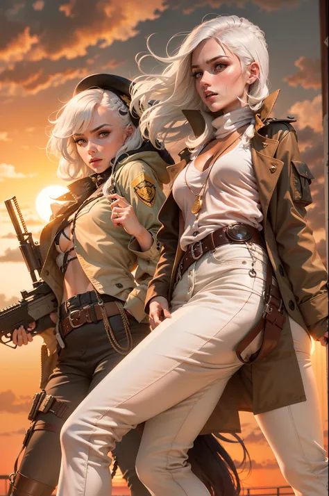 Female robbers of the West，Stand under the sunset，white color hair，floated hair，Retro，high cheekbones，Stun rifles，Weathered