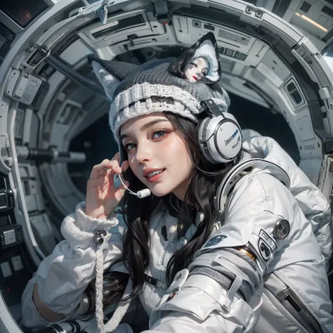 Enchanted woman happy to raise her hand　Perfect beauty　Beautiful white skin　beautidful eyes　Lustrous lips　Lovely smile　Dark hair　Knitted hat with wolf face　sitting on　A spacesuit that sticks to the body designed in white and black　Functional　head phone　Ins...