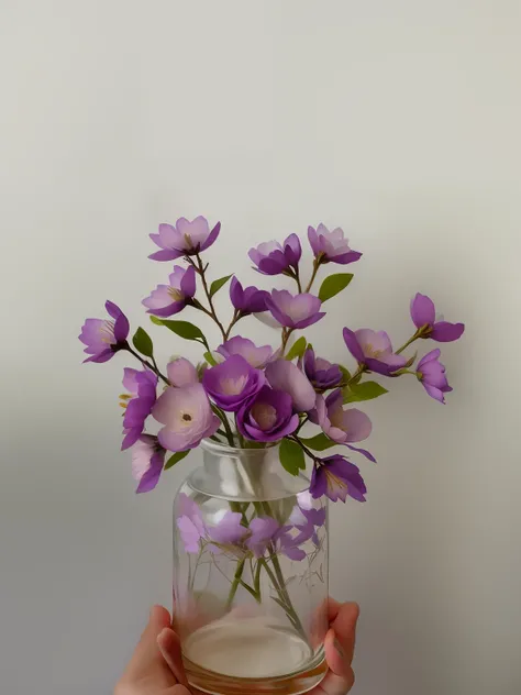 A small glass jar，There are purple flowers inside, violet flower, Lilac, Purple flowers, With flowers, glass flowers, made of dried flowers, with colored flowers, violet flower, made of flowers and berries, vase with flowers, decorative flowers, flowers an...