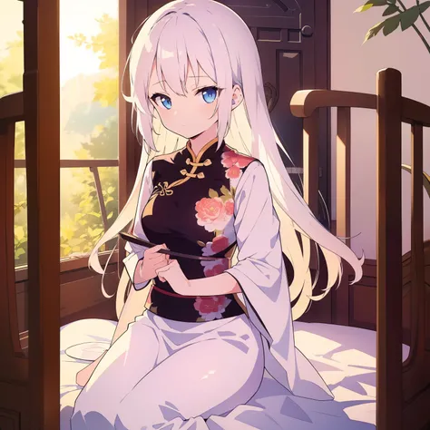 1 people)(((best quality))),(((ultra detailed))),(((masterpiece))),illustration, white hair, gentle expression, Chinese dress, in the bedroom"