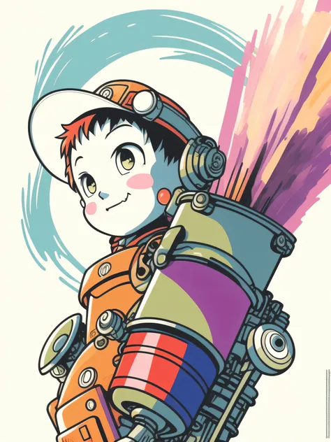 Highest luxury quality、Vivid full-color paint、Akira Toriyamas style、Drawing of a robot boy with a broom and a bucket, Dry Cleaning Shop Logo、Ink painting by Brian Feez, reddit contest winner, process art, colouring - in sheet, Coloring book page, Heavy lin...