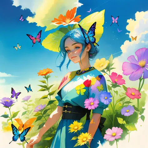 pintura,Many butterflies with random colors in a flower garden, acuarela, soleado,hermoso,detallado