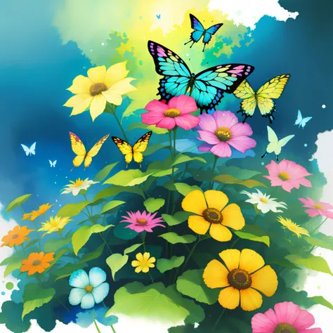 pintura,Many butterflies with random colors in a flower garden, acuarela, soleado,hermoso,detallado