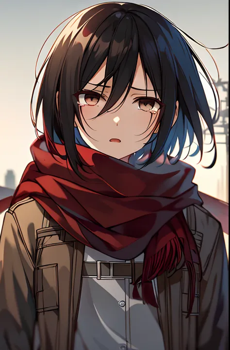 masterpiece,best quality,1girll,mikasa_ackerman,red scarf,sky,gloomy,combat posture,sinister gang,butyric,minimalism,impact art,...