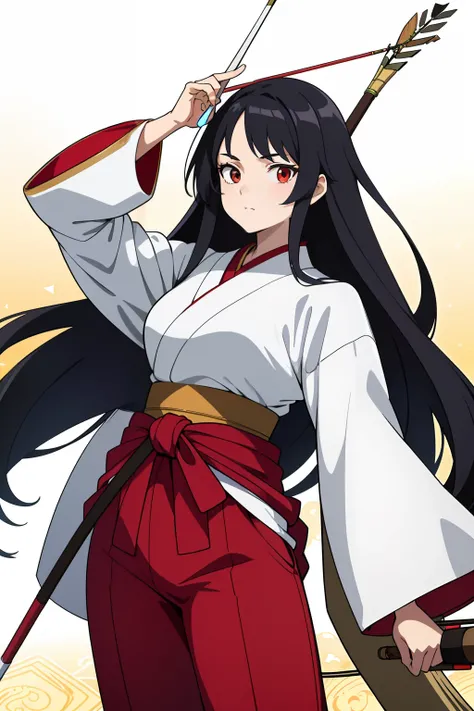 (Masterpiece, Best quality,) Anime screencap, 1girll, 
On the side, the goddess, the girl has a shawl with long black hair, no headgear, a Japanese white witch costume, white wide-sleeved red wide-legged pants, a large red bow on the waist, carrying an arr...