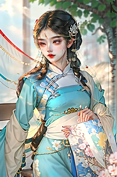 there is a woman sitting on a bench in a blue dress, Palace ， A girl in Hanfu, Hanfu, White Hanfu, Wearing ancient Chinese clothes, with acient chinese clothes, Traditional Chinese clothing, Anime girl cosplay, Chinese costume, traditional garb, Traditiona...