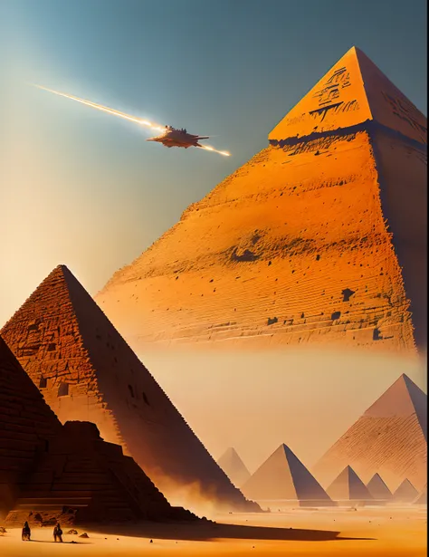 Egyptian pyramids taking off with thrusters at their base,greg rutkowski