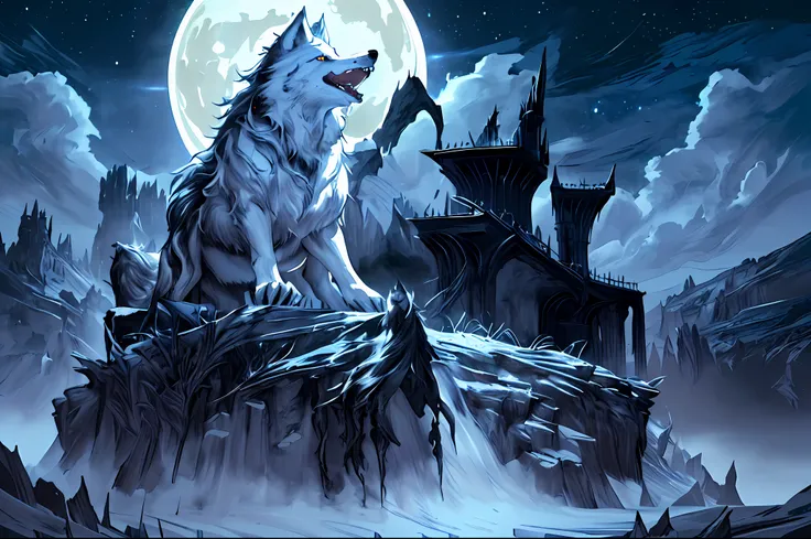 high details, best quality, 8k, [ultra detailed], masterpiece, best quality, gothic art, dark fantasy, (ultra detailed), full body, ultra wide shot, photorealism, an epic white wolf howling to the starry night sky, big epic white wolf , white fur (ultra de...