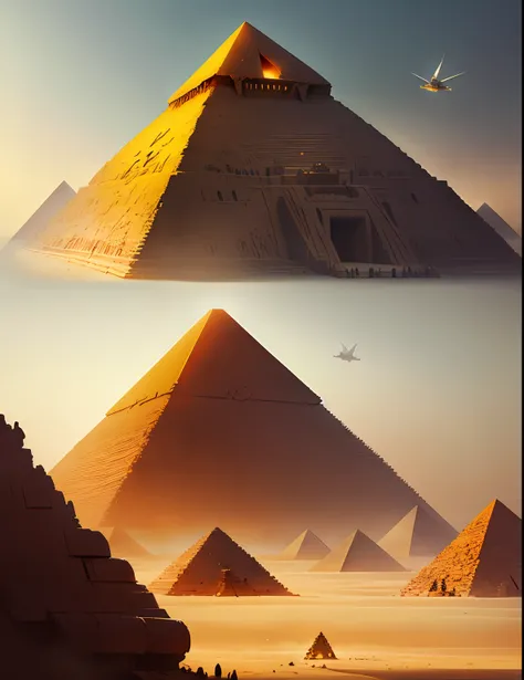 Egyptian pyramids taking off with thrusters at their base,greg rutkowski