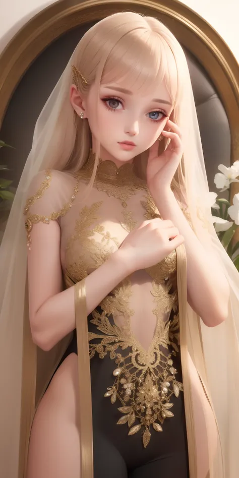 All-over transparent flesh-colored silk jumpsuit，with fair skin，and hold your head in your hands，Delicate and delicate face，Elaborate Eyes，Clear eyes，Incredibly detailed，，Hairline，16k