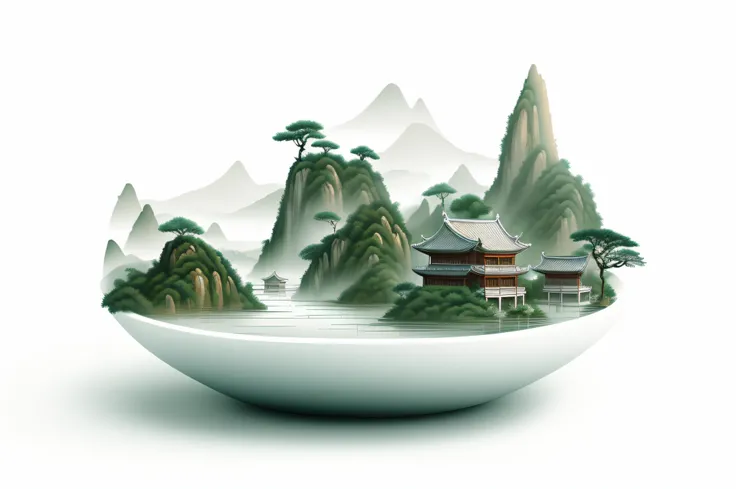 There is a white porcelain bowl，There is water in the bowl，There are mountains on the water，In the mountains of the bowl is an ancient Chinese building。boiling imagination in a bowl, Chinese fantasy, floating lands in-clouds, Inspired by Ma Yuan, By Fei Da...