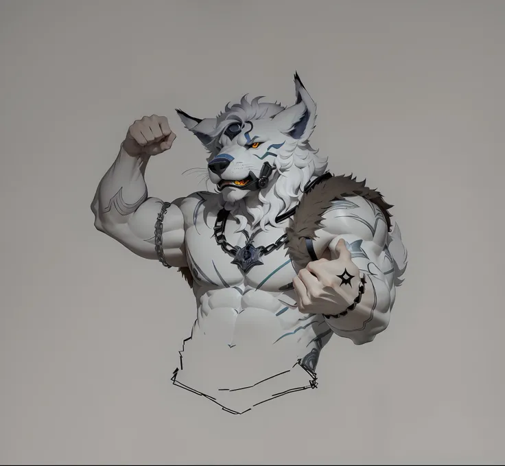 There is a man with a wolf mask with a chain around his neck, lobisomem musculoso, um lobo minotauro, anthropomorphic wolf male, musculoso! Branco, Commission for High Res, conceito detalhado de corpo inteiro, official character illustration, arte oficial ...