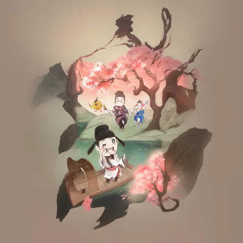 peach blossom，lakes，Scenic beauty，official fanart, Japanese cartoon style, Japanese animation style, pixiv contest winner, Fanart, Official artwork, inspired by Dong Yuan, High-quality fanart, inspired by Josetsu, background artwork, Chinese watercolor sty...