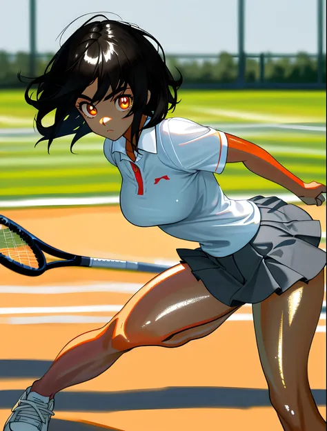 1girl, 独奏, White polo shirt, White sneakers, tennis wear, white mini-skirt, tmasterpiece, Best quality at best, realisticlying, ultra - detailed, (shiny skins, perspired:1.4), absurderes, looking at viewert, with short black hair, with brown eye,slendernes...