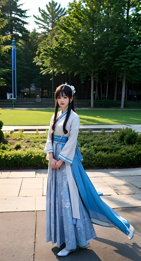 Araki in a blue and white dress stands on the grass, full-body xianxia, Inspired by Lan Ying, Inspired by Qiu Ying, inspired by Du Qiong, inspired by Li Mei-shu, Inspired by Li Tang, inspired by Leng Mei, Palace ， A girl in Hanfu, Chinese costume, heise ji...