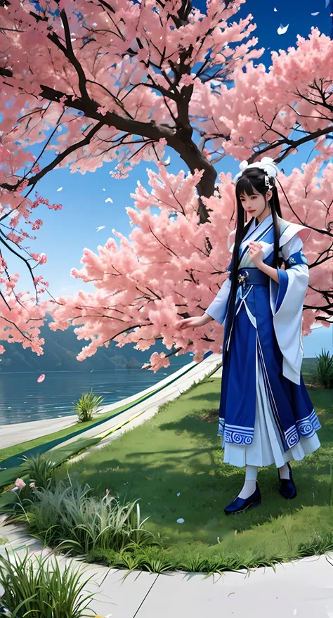 Araki in a blue and white dress stands on the grass, full-body xianxia, Inspired by Lan Ying, Inspired by Qiu Ying, inspired by Du Qiong, inspired by Li Mei-shu, Inspired by Li Tang, inspired by Leng Mei, Palace ， A girl in Hanfu, Chinese costume, heise ji...