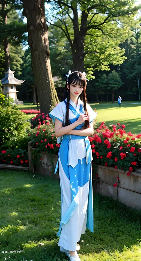 Araki in a blue and white dress stands on the grass, full-body xianxia, Inspired by Lan Ying, Inspired by Qiu Ying, inspired by Du Qiong, inspired by Li Mei-shu, Inspired by Li Tang, inspired by Leng Mei, Palace ， A girl in Hanfu, Chinese costume, heise ji...