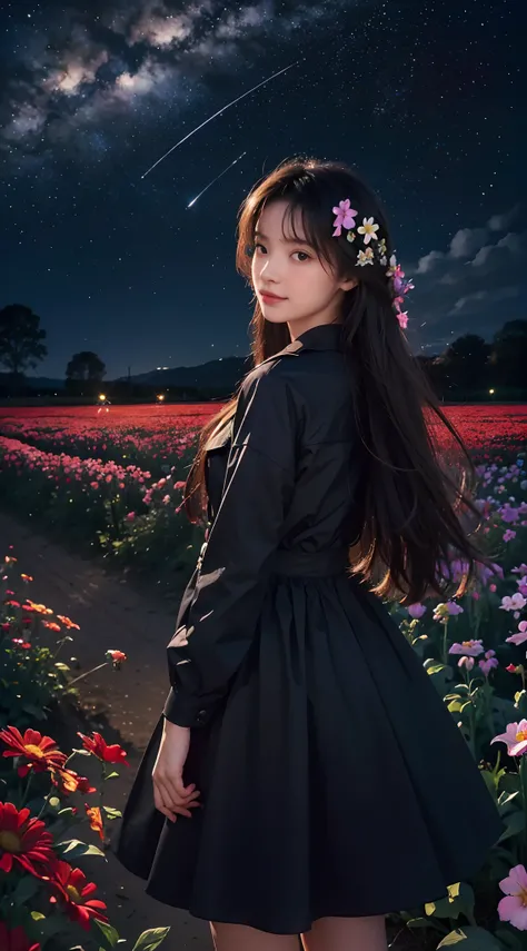 ((masterpiece)), ((best quality)), 8k, high detailed, ultra-detailed, A girl standing in a flower field under the starry sky, looking up at the stars, captured from behind, girl, starry sky, flower field, looking up, stars, field of flowers, beauty, tranqu...