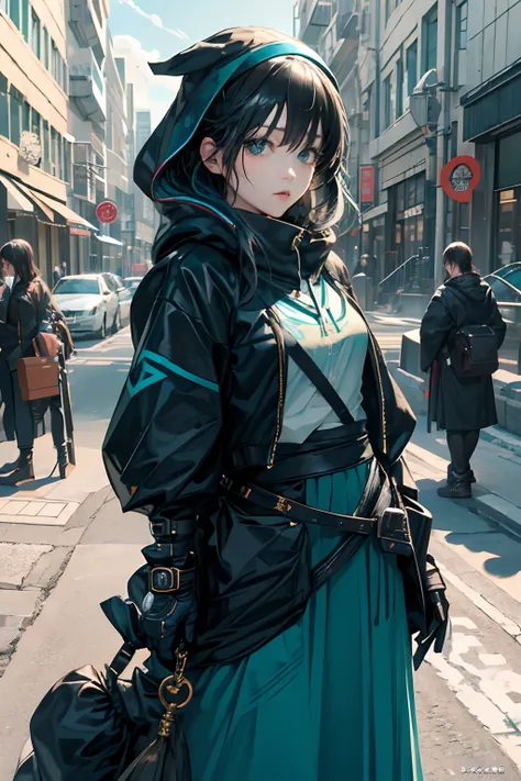 Girl in teal hood、NFT art、marks、pop inspo、mirai、Black hair、Black eyes、stamp、Keekinuku、unbalanced、mistic，the lora，1girll，streetview，long  skirt