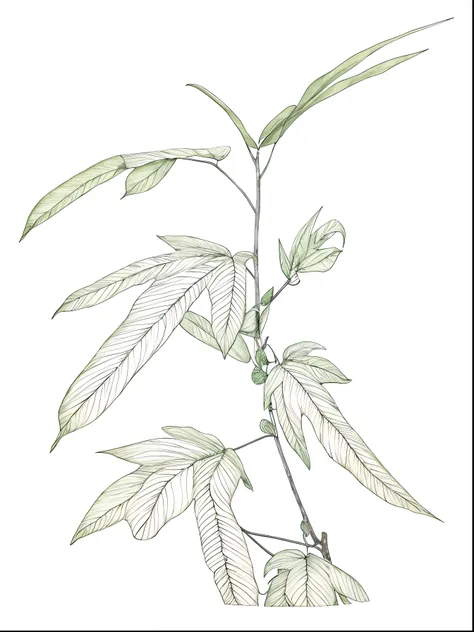 Close-up of thick-leaved plant line drawing of banyan tree，The leaves are palm-shaped，White background，Mono Color，Line drawings，tmasterpiece，Need