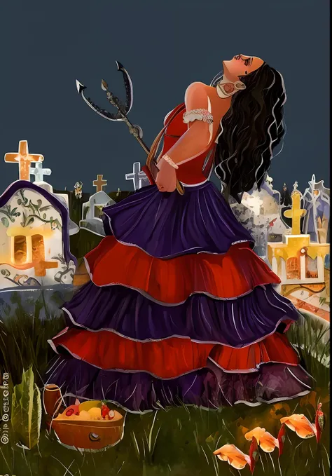 pintura de uma mulher em um vestido vermelho e roxo com um forcado, goddess of death in a graveyard, stylized digital illustration, O Catrina, color digital illustration, inspired by Angel Botello, Folclore mexicano, in illustration style digital, digital ...