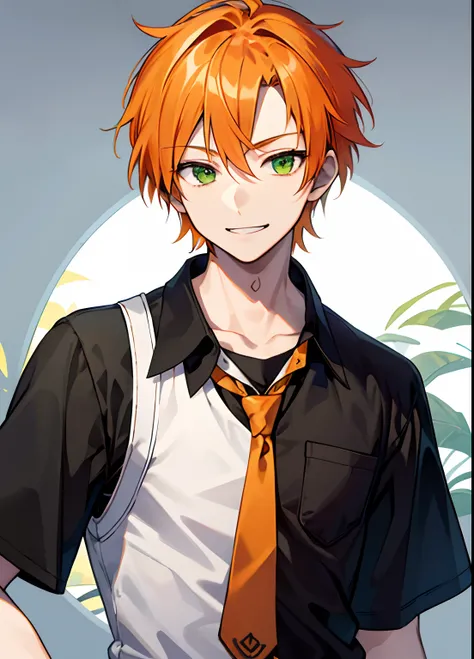 1guy, Handsome man,  Solo,Man with orange hair,up looking_で_viewer,  ((masutepiece,Best Quality)), Beautiful detailed eyes, beautifull detailed face、Light green eyes、yellow-green eyes、hair between eye、logn hair、a cool、outer、twinks、Young man with orange hai...