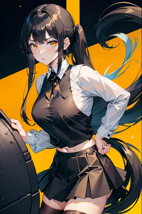 (1woman), (beautiful serious woman), masterpiece, beautiful, Pixiv, top quality, (((black long pony tail))), Korean bangs, (((half-body))), (downward angle view), (yellow eyes), ((white office blouse)), ((tight black skirt)), ((black stockings)), (((seriou...