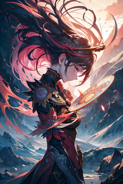 All 5 colors、（reddish、Viola、pink there、amarelo、verdant）、mountain ranges、The dragon、Near future、ciber、sea of clouds、the morning sun、wanting、grand、(1womanl:1.2),Giant Swing、Fly over the mountains,)devastated,Shining Weapon,Dynamic Angle, Splash Art, [(Art Bo...