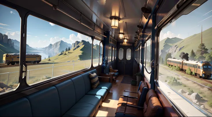 there is a train car with a couch and a table, adventure hyper realistic render, highly detailed environment, inside the train, detailed scenery —width 672, hyper-realistic environment, semi - realistic render, realistic afternoon lighting, detailed cinema...