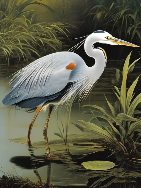 (Best Quality, tmasterpiece: 1.1), illustartion,HERON IN THE SWAMP, Complicated details, chilling, excitement, Hyper-realistic, insanely detailed, ((Kazuo Oga Style, John James Audubon)), --AR 3:4 --s 750