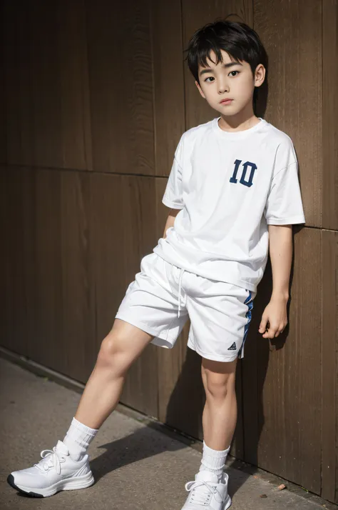 10 years old child，handsome，naked upper body，athletic sneakers，white  socks，white sports shorts（detailed eyes：1.3），black eyes，fu...