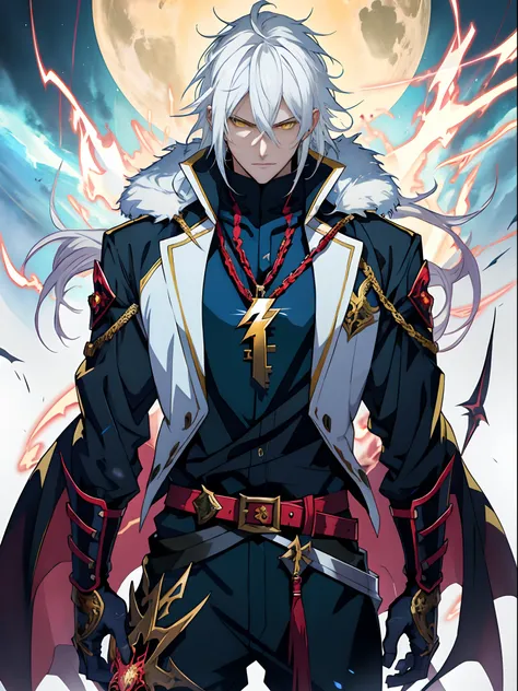 anime character with white hair, yellow eyes and sword standing in front of lightning， detailed key anime art, white-haired god,...