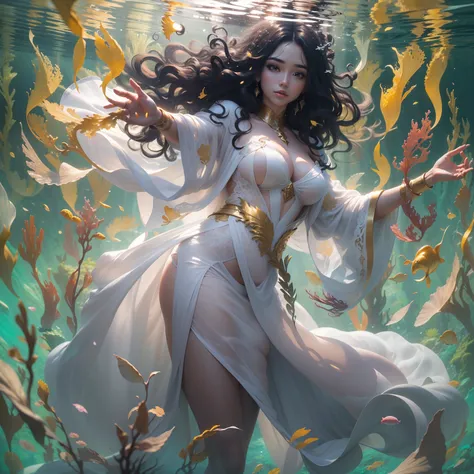 celestial sexy goddess underwater, in underwater seaweed garden, portrait, (dynamic pose), black long curly hair, wearing white robe, wearing golden hand glove, masterpiece, trends, 8k