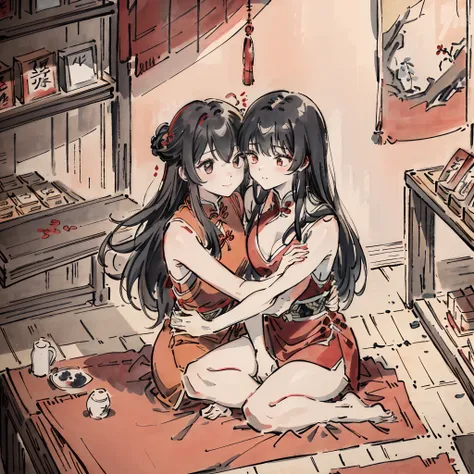 4K，Epic composition，tmasterpiece，Two beautiful girls,Traditional Chinese Ink Painting,hugs，Sit Pose，messy  hair，One is red hair，One is black hair，Barefoot，rays of sunshine，shop，intimacy，red colour