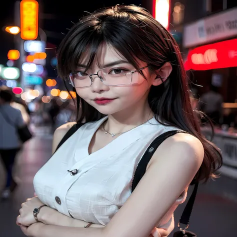 There was a woman with glasses，A necklace is worn around his neck, cruel korean goth girl, ulzzangs, Guviz-style artwork, With glasses, wearing black glasses, Korean girl, wearing big black circle glasses, with square glasses, Guviz, a girl with round glas...