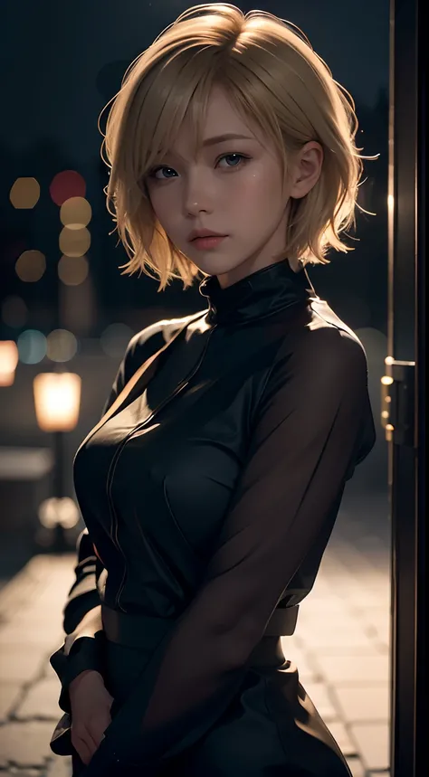 Short blonde hair，the night，A girl，deep shading，cold light，low tune，in the darkness nigth，RAW photogr，best qualtiy，tmasterpiece，Ultra-high resolution，Realistic1.5