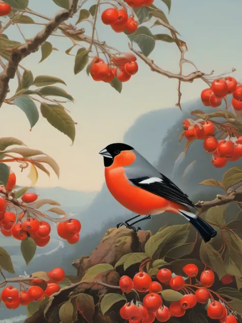 (Best Quality, tmasterpiece: 1.1), illustartion, Bullfinches on red mountain ash, Complicated details, chilling, excitement, Hyper-realistic, insanely detailed, ((Kazuo Oga Style, John James Audubon)), --AR 3:4 --s 750