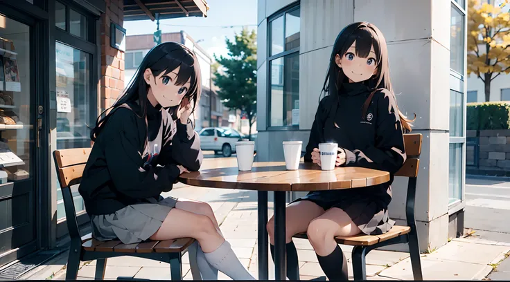 （​masterpiece、top-quality）perfect anime illustration、College Girl 1、Cute baby face、Laughing、Long clean hair、Black turtleneck sweater、skirt by the、Stylish cafeteria、Outside the store（Near the entrance of the store）、Sitting on a chair、The table、coffee、Half-r...