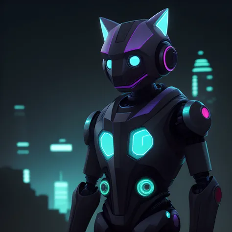 "Hyperrealistic portrait of an animal of An imaginative robot mascot that embodies innovation and modernity, a cyberpunk city. The scene is set at night with a cold color palette. The lighting is cinematic, featuring Aqua neon lights, bokeh, and rim light....