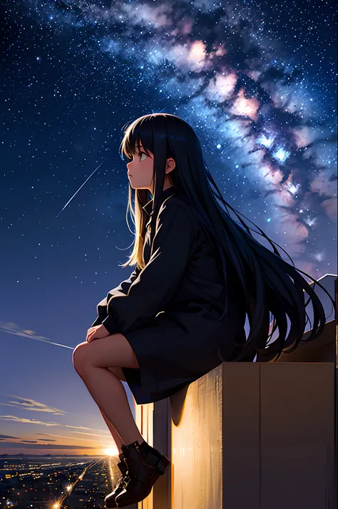 octans, sky, star (sky), scenery, starry sky, night, 1girl, night sky, solo, outdoors, building, cloud, milky way, sitting, tree, long hair, city, silhouette, cityscape