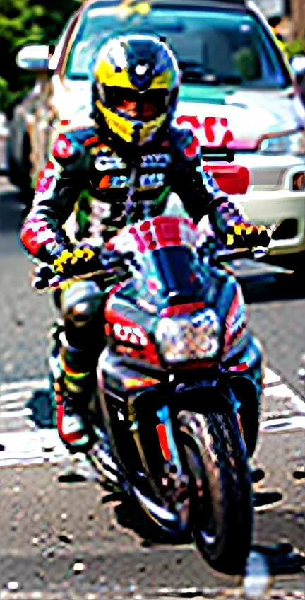 Motorcycle rider in black and red outfits riding a motorcycle, racing, ethnicity,panning shot, at racer track, frontshot, in a race competition, ,diego fernandez, arian mark, Short focal length, Esteban Maroto, thawan duchanee, 1 st place, wheelie