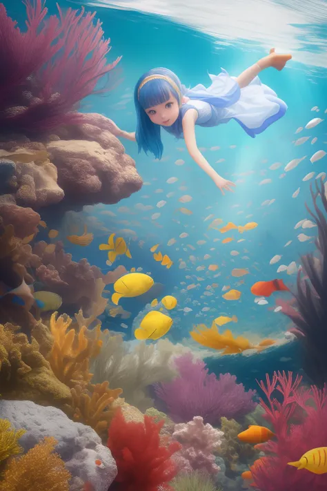 Cute little girl in period costume with long blue hair playing in the deep sea，It is surrounded by aquatic animals and aquatic plants