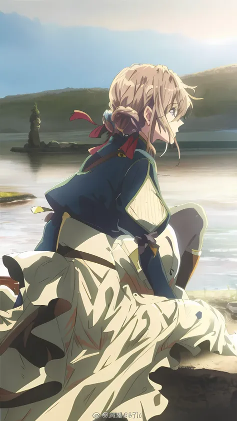 anime girl sitting on a stone by the water holding a sword, violet evergarden, key visual, key art, anime key visual”, offcial a...