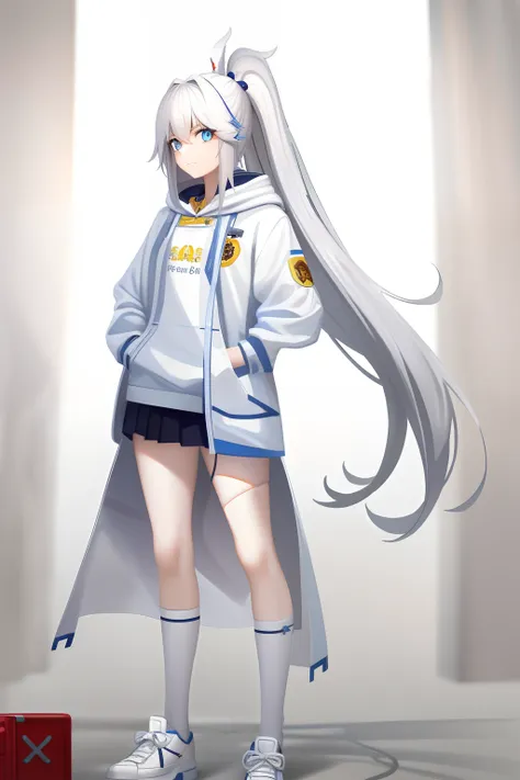 （tmasterpiece，Best quality at best，high high quality），1girll，（unfazed by）），are standing，looking at viewert，whaite hair，（short detailed hair，messy  hair），eBlue eyes，White short hair, white cat ears, light blue eyes, light blue coat, loose cuffs, light blue ...