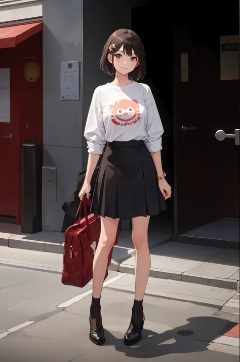 1 girl, smile, shirt, skirt, (small) chiralism, (panchira)