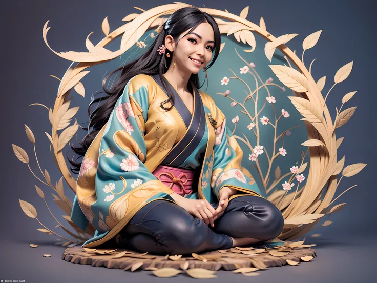 (Masterpiece), (Excellent), (Super Meticulous), (Full Body: 1.2), Super Beautiful Woman, Japanese Female in stunning kimono, (Mature face:1.4) Beautiful, Sakura leaves pattern, Sexy, Bursting, Oriental Face, TV Anchor, Bust Portrait Illustration, Alone, Bl...