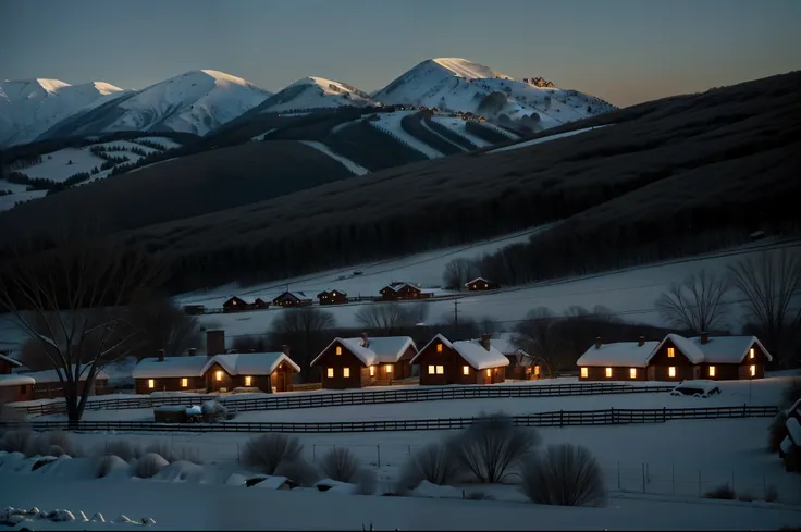 early evening，Overlooking the whole village，Panorama of the village，The whole village is covered in snow，Fenced yard，The chimney of the house smoked，The windows sparkled，The house is a humble adobe house