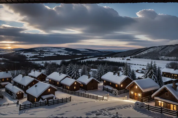 early evening，Overlooking the whole village，Panorama of the village，The whole village is covered in snow，Fenced yard，The chimney of the house smoked，The windows sparkled